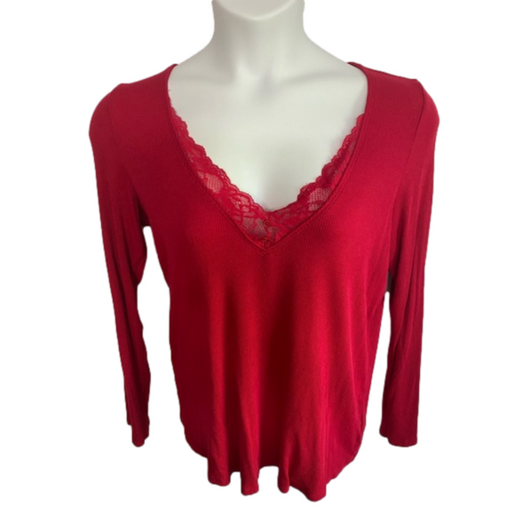 Torrid Red Super Soft Rib V-Neck Lace Long Sleeve Sleep Tee Size M SKU0575 - Picture 2 of 8